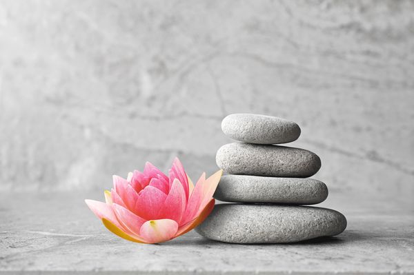 Lotus flower and balanced stones representing tranquility and wellness